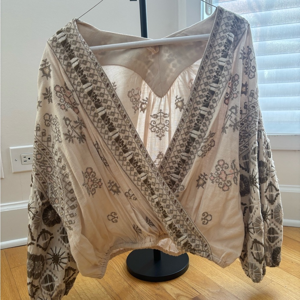 Free People - Embroidered Wrap Blouse - Cream and Taupe